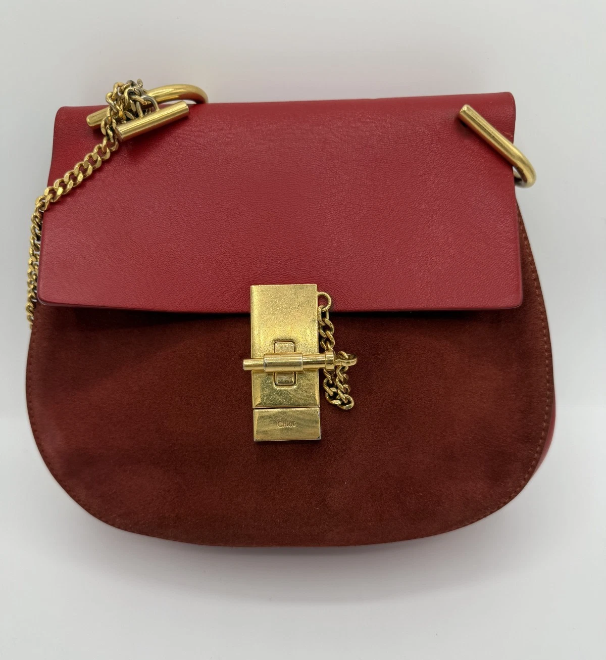 Chloe — CHLOE Drew Shoulder Bag Red Suede Leather w/ Gold Chain