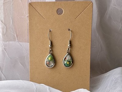 Karis Millefiori Teardrop Dangle Earrings Platinum Bond Silver Tone Floral Boho