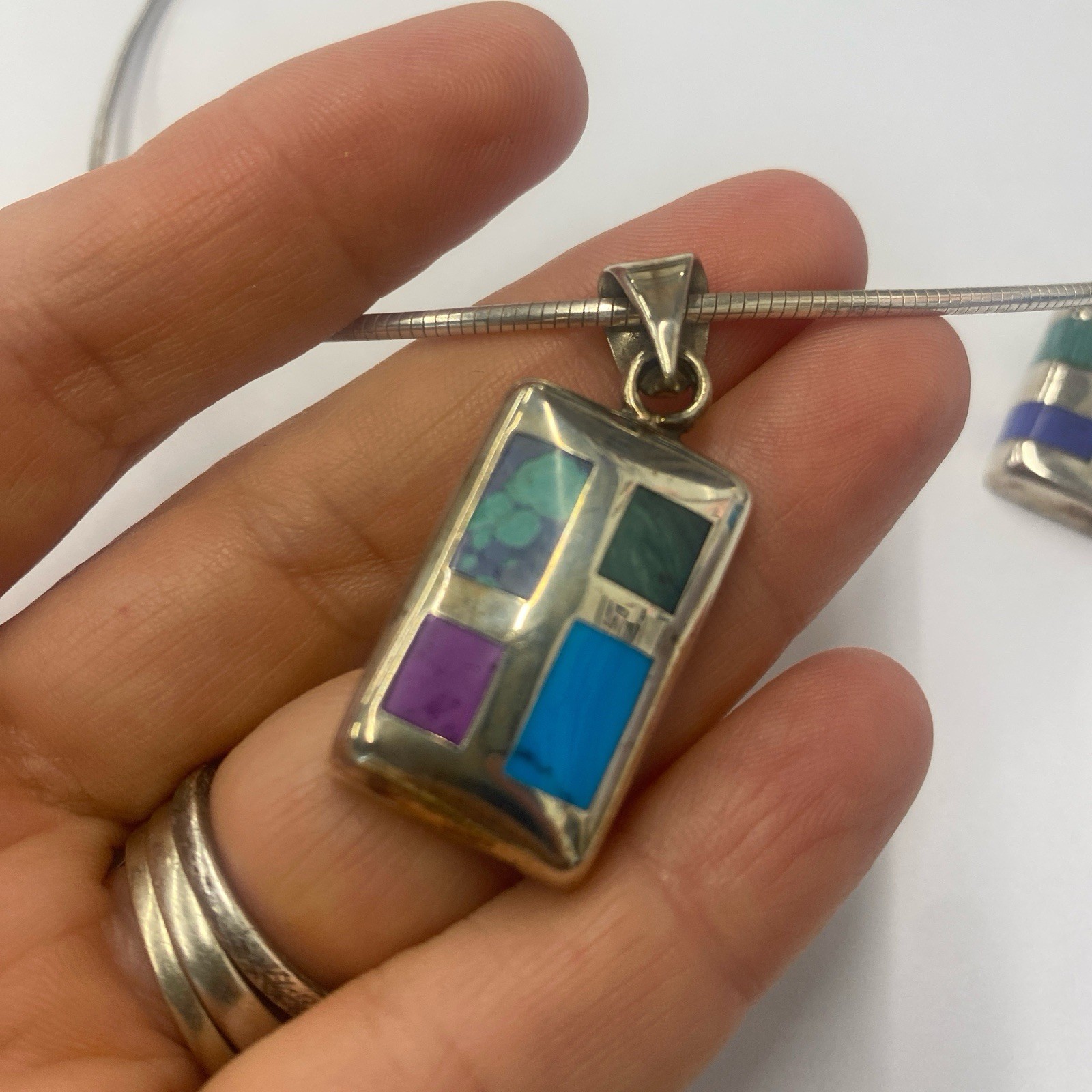 2 rectangular multi stone pendants vintage sterli… - image 6
