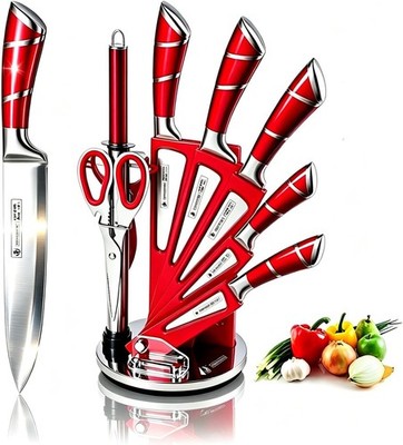Kitchen Knife Set 9-Piece Red Kitchen Knife Set W/ Acrylic Block Non Stick Sharp