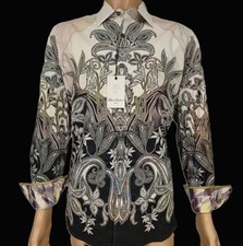 NWT 348 ROBERT GRAHAM KINCADE COTTON WHITE SHIRT PRINTS SILVER EMBROIDERY L