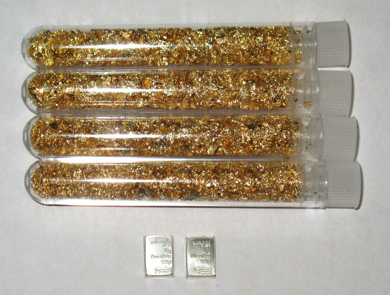 🌈 2 X 1 GRAM 999 SILVER VALCAMBI SUISSE BARS + 4 VIALS OF GOLD FLAKES!