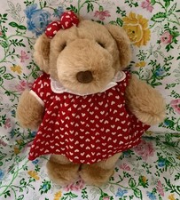 Vintage Commonwealth Teddy Bear Girl Plush 8.5  Heart Ribbon Dress 1990