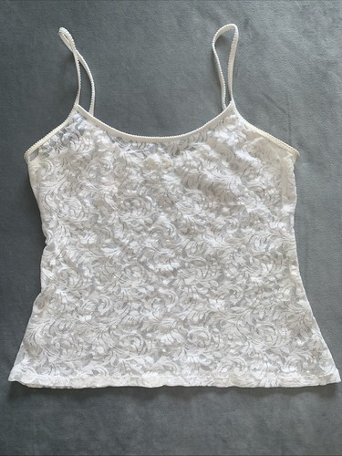 Calvin Klein Y2K White Scroll Sheer Lace Spaghetti Strap Cami Top Size Large