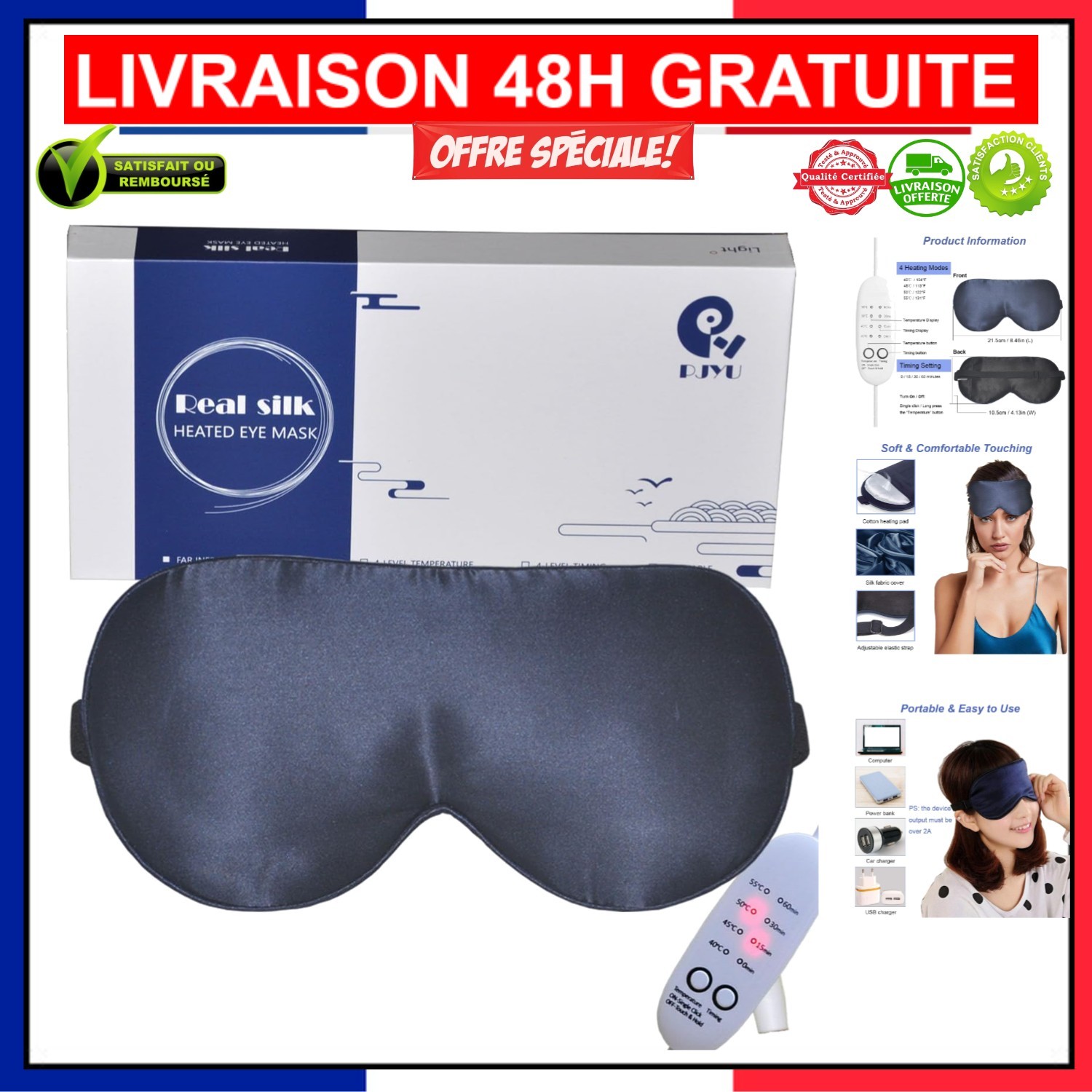 Masque de nuit en soie thermique bleu marine idéal pour le voyage en avion