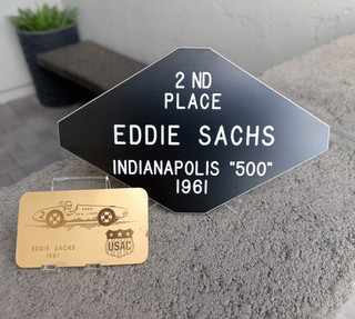 Vintage 1961 EDDIE SACHS Dean Van Lines USAC INDY 500 Trophy Plaque & Tag