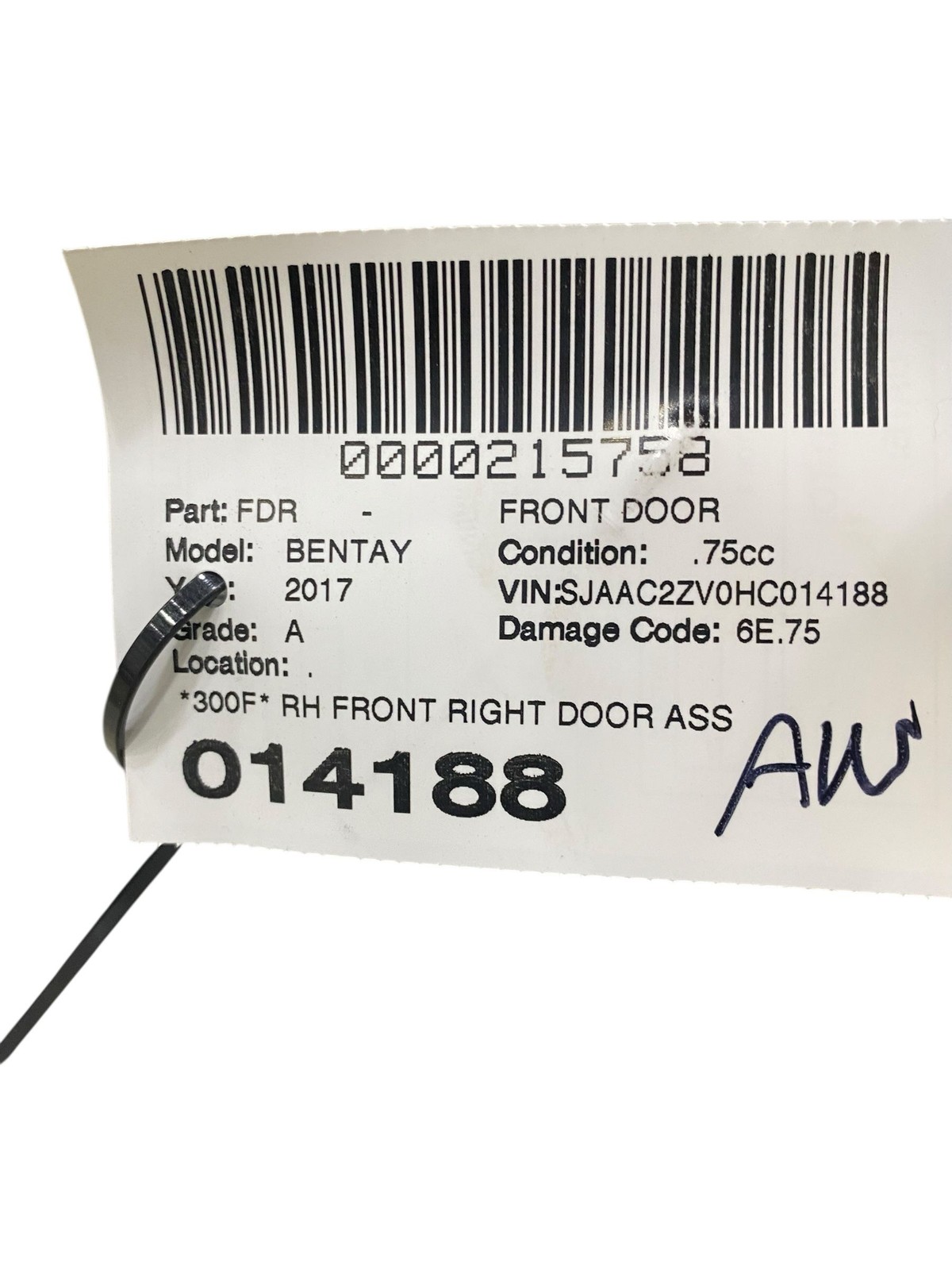 2015-2020 BENTLEY BENTAYGA FRONT RIGHT DOOR W/O GLASS | BELUGA SOLID 6901 *BENT*