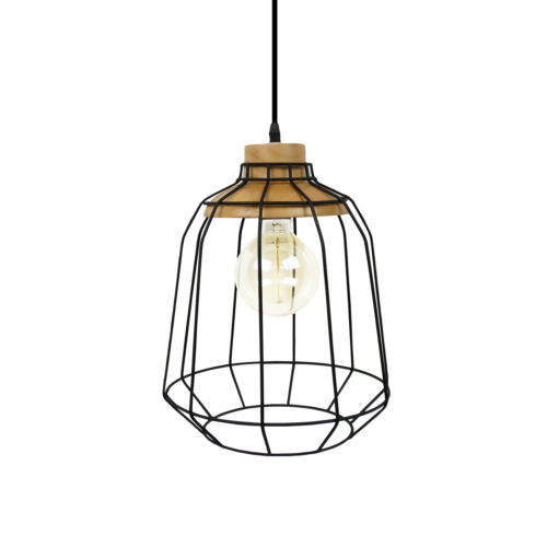 Modern Cafe Industrial Wood Timber Black Iron Cage Hanging Ceiling Pendant Light - Picture 2 of 2