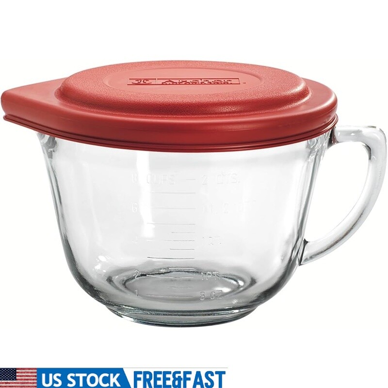 2 Quart Glass Mixing Bowl with Red Lid - Durable & Dishwasher Safe