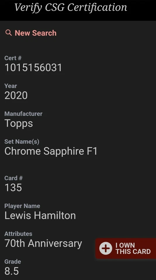 2020 Topps Chrome Sapphire #135 Lewis Hamilton /70 Refractor CSG 8.5 NM Mint 1/1 - Image 3 of 4