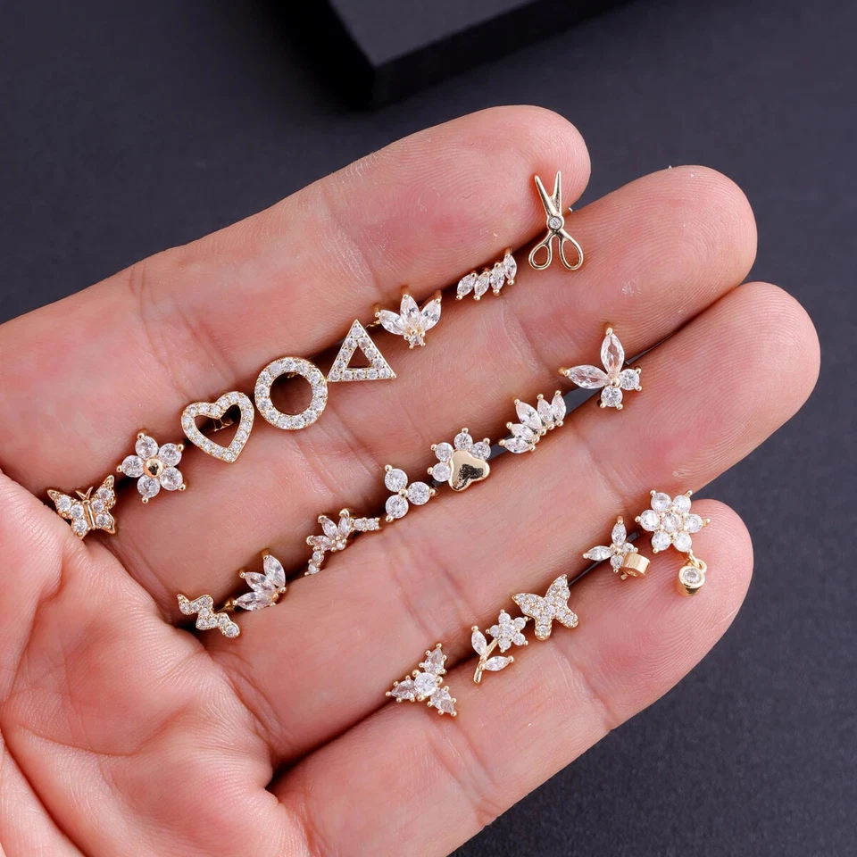 18G Push In Threadless Earring Flat Back CZ Cartilage Helix Tragus Lobe Piercing - Image 3 of 4