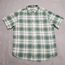 Weatherproof Vintage Shirt Mens XL Green Plaid Linen Blend Short Sleeve Button