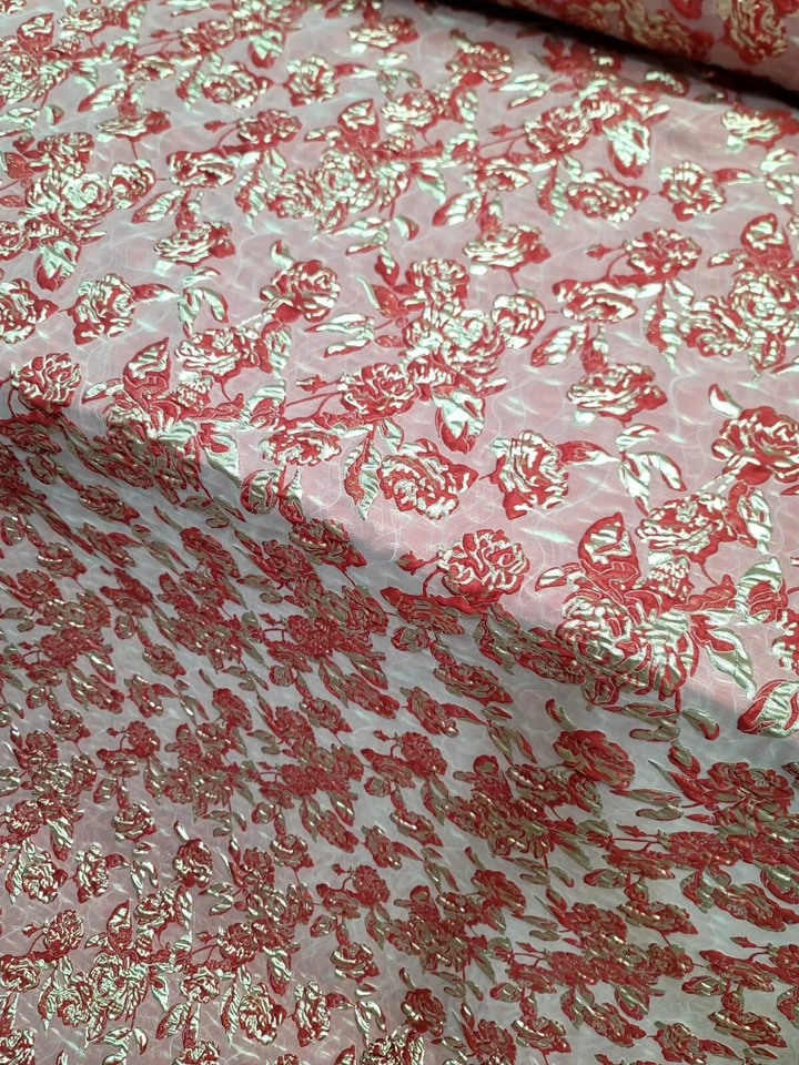 Red And Gold Fabric Sold By The Yard Metallic Floral Brocade For Dress 60" W - Image 4 of 4