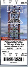 Chicago White Sox vs Philadelphia Phillies 9/20/2016 - Full Ticket Cameron Rupp 