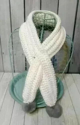 crochet womans handmade keyhole scarf cowl pom pom white faux fur gray USA new