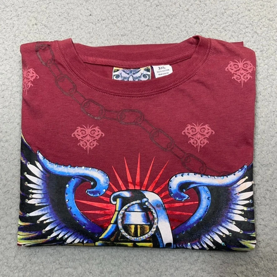 HamaShirt Mens 3XL XXXL Red Rhine Stone Art Bedazzled Fenix Wings Chain Grenade - Image 2 of 4