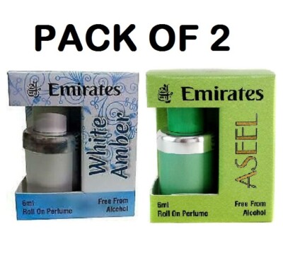 WHITE AMBER + ASEEL Emirate Roll On Attar ittar 6 ml alcohol Free ( PACK OF 2 )
