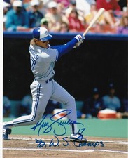 KELLY GRUBER  TORONTO BLUE JAYS  92 WS CHAMPS  ACTION SIGNED 8x10