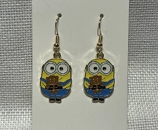 Cartoon Minion Character Gold Loop Enamel Drop Dangle Adorable Earring Set