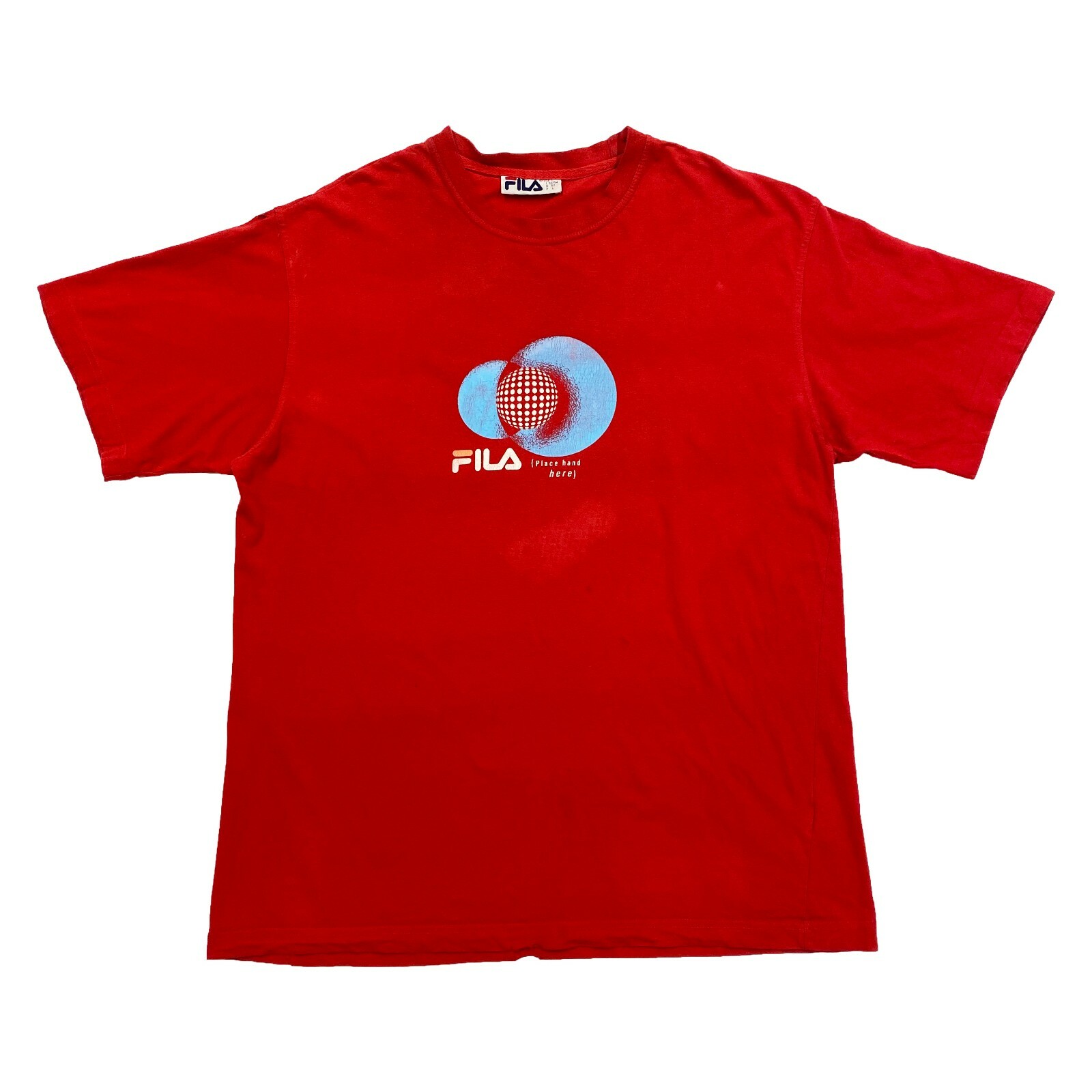 Maglietta Fila Place Hand Here Vintage anni '90 Retro Sport Street Wear Rossa Grande Vintage