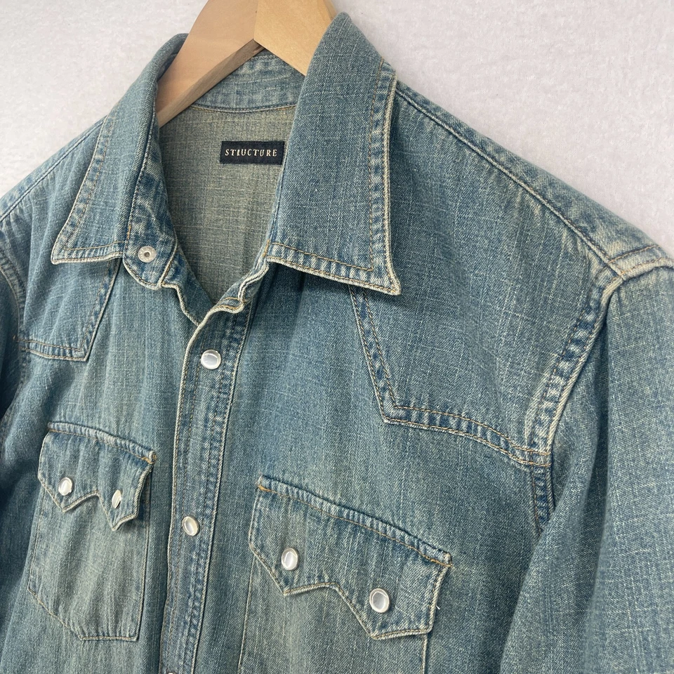 STRUCTURE Shirt Mens S Denim Western Utility Jean Pearl Snap Cotton Blue Vintage - Image 2 of 4