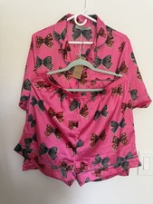 Their Nibs Women XL Pink Satin Pajama Set Bow Print Button-up Shirt Short NWT