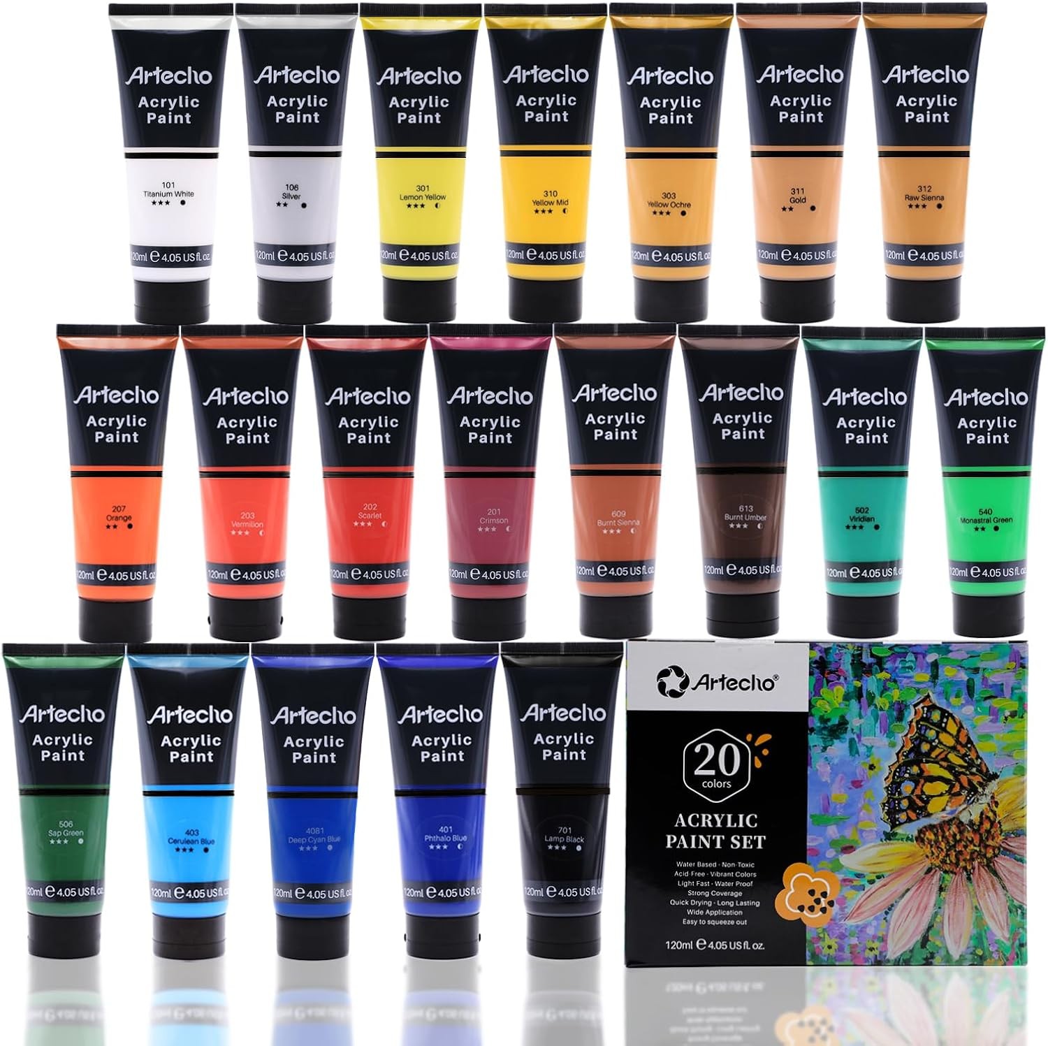 Artecho Professional Acrylic Paint Set, 20 Primary Colors (120ml / 4.05oz) Tube