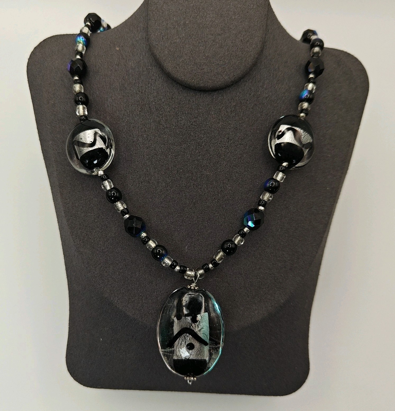 Artisan Glass Beaded Pendant Necklace Black Blue 17