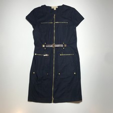Michael Kors Shirt Dress Size 8 Navy Blue Gold Zippers Half-Belt Sheath Full Zip