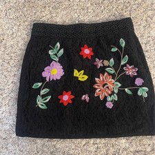 Black Lace Floral Embroidered Mini Skirt M Boho Festival Lined