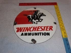 VINTAGE WINCHESTER AMMUNITION & COWBOY 11 3/4" PORCELAIN METAL GUN GASOLINE SIGN