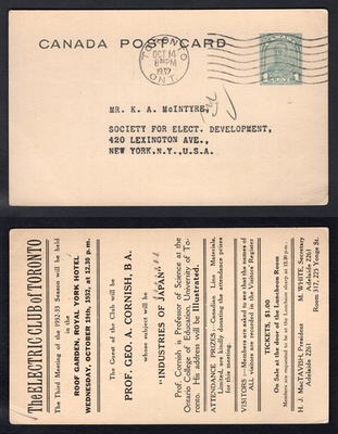 #ad CANADA 1932 Postal Card. The Electric Club of Toronto Advertising $4.99