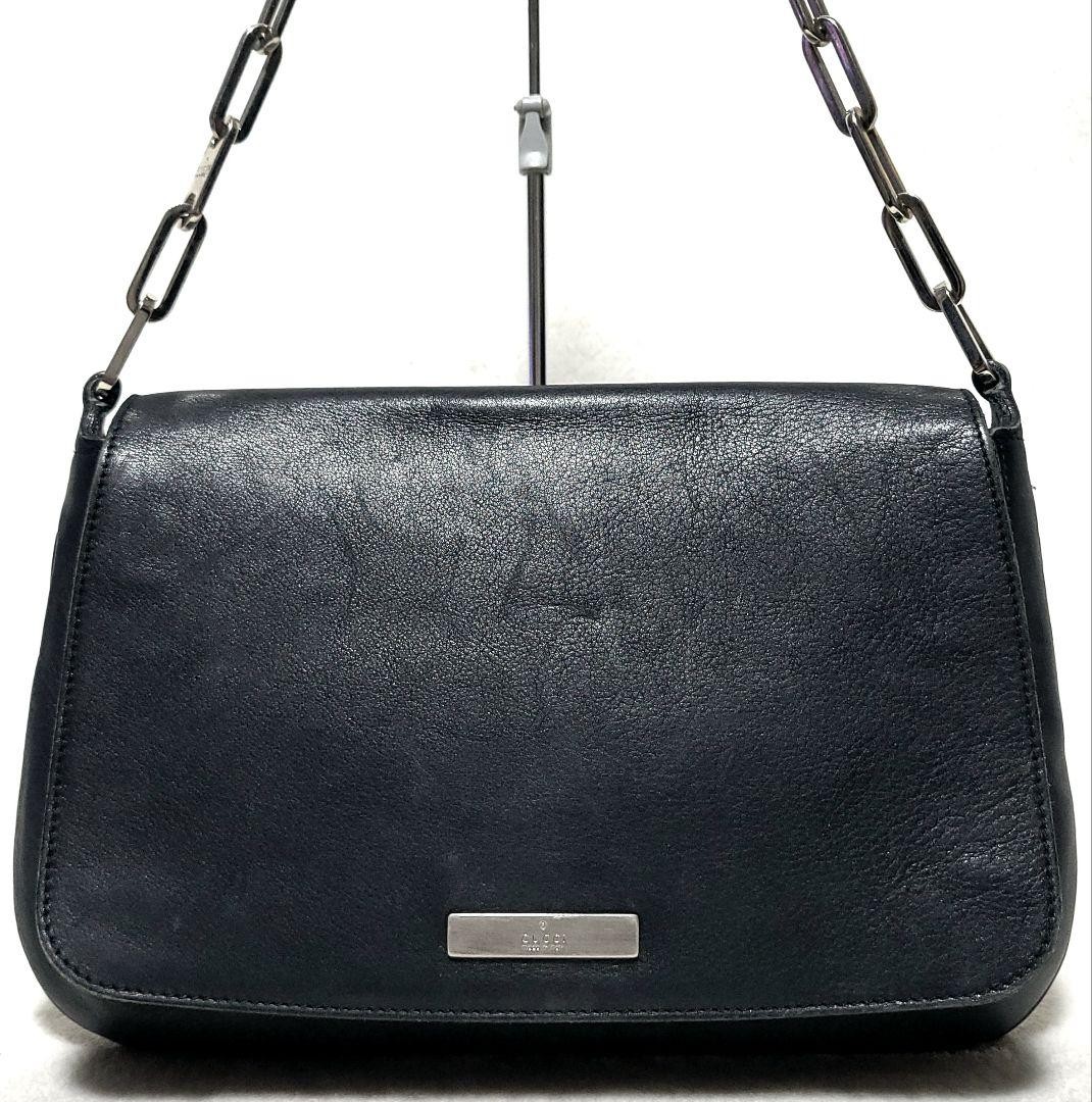 Gucci Black Leather Shoulder Bag with Chain and Logo Plate 10.9x6.3x1.0in Pre-Owned