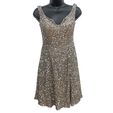 Y2K Scala Sequin Mini Dress Size 4 Vintage Beaded Glam Bronze Gold Metallic Tank