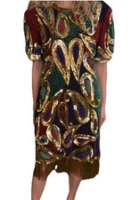 Vintage Silk Lawrence Kazar Sequin  Beaded Dress with Beaded Fringe