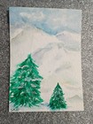Original ACEO Snowy Mountains Watercolor Painting Fir trees, Winter Scenery 