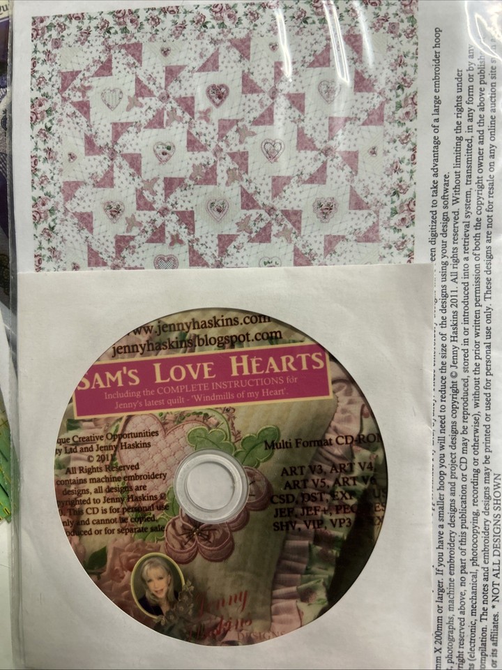 HTF Jenny Haskins Sam's Love Hearts Multi Format Embroidery Design Cd ...