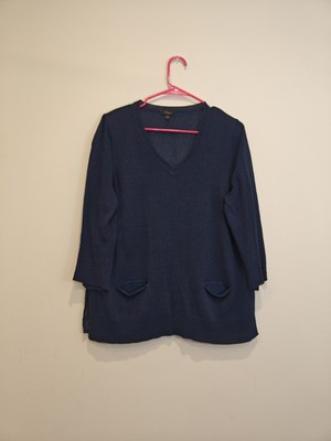 Cupio Women's Large V-Neck Navy Blue Chiffon Polyester Long Sleeve With Pockets