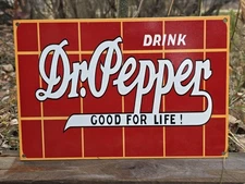 1960'S VINTAGE DRINK DR. PEPPER PORCELAIN GAS STATION GAS SIGN 8" X 12"
