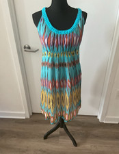 Tory Burch A-Line Chiffon Dress 10 Geometric Turquoise Scoop Neck Zip Lined
