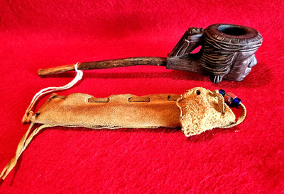 Vintage Indian Cheif Head Pipe With Buckskin Pipe Bag