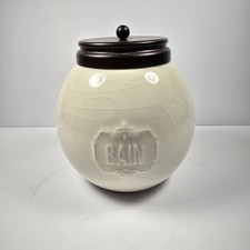 French White BAIN Canister "Bath" Ceramic Cotton Ball Jar