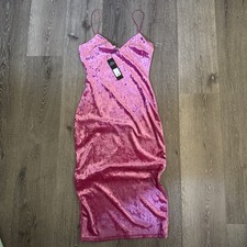 PRETTYLITTLETHING Pink Velvet Midi Bodycon Dress Sleeveless Spaghetti Strap Sz 6