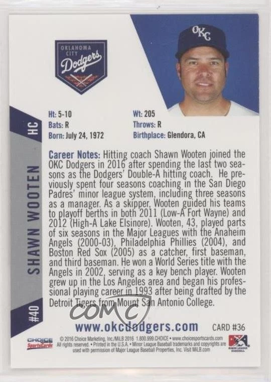 2016 Choice Oklahoma City Dodgers Shawn Wooten #36 - Image 2 of 2