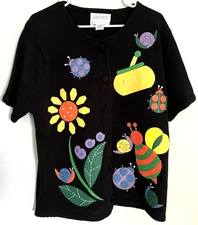 Vtg Sideffects Cardigan Sweater Women XL Button Up Bee Ladybug Honey Floral 90s