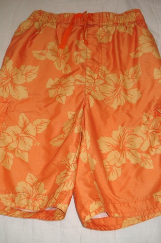 Boys Med 10 to 12 Orange & Gold Hawaiian Swim Trunks
