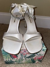 NINA RHINESTONE RIBBON TIE STRAP IVORY OPEN TOE HEEL
