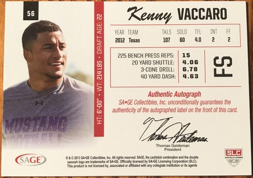 2013 SAGE Autographs Silver Kenny Vaccaro #56 Texas Longhorns - Picture 2 of 2