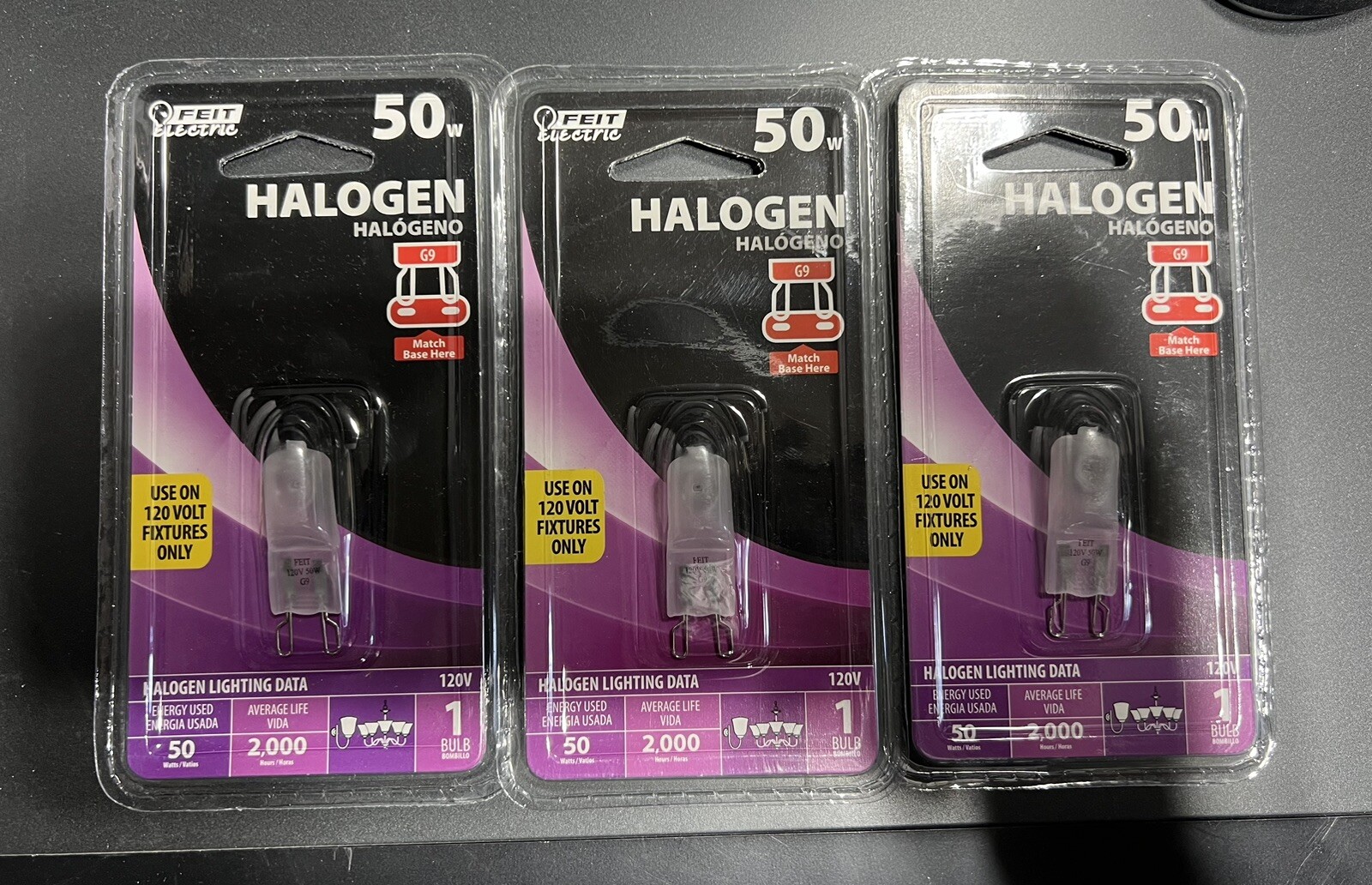 3 Feit Electric  BPQ50IFG9 50-Watt T4 JCD Halogen Bulbs w/ Bi-Pin Base, Frosted