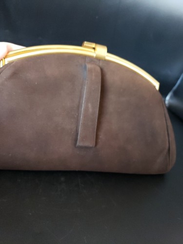 Vintage Dark Brown Velvet Gold Trim Block Wristlet strap Bag Purse w/ mirror! - Picture 10 of 14